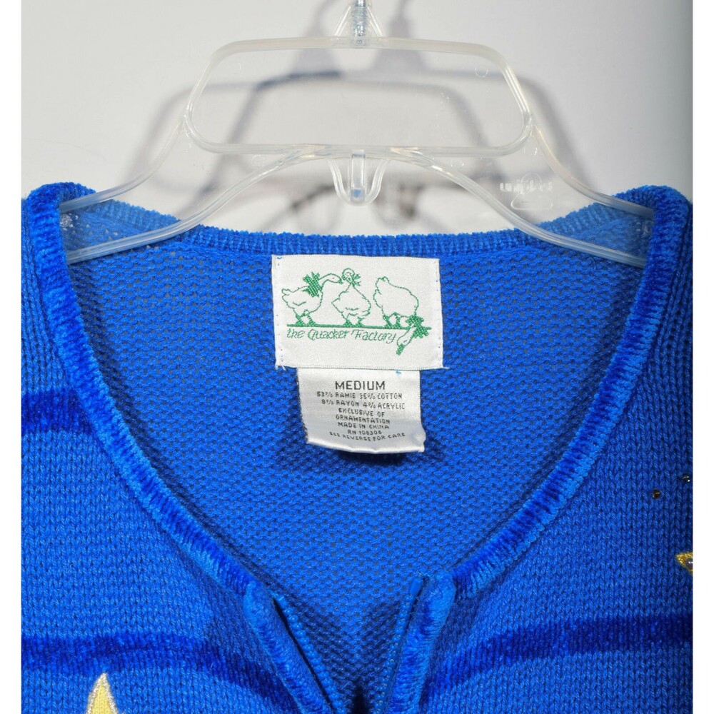 Quacker Factory Cotton Blend Blue 3D Angel Moon Beaded Cardigan Sweater M - Picture 3 of 4
